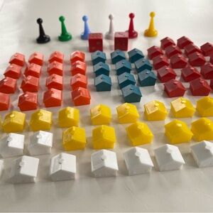Vintage 1958 Finance Board Game Pieces 6 Pawn Tokens, 76 Houses, 2 Red Dice